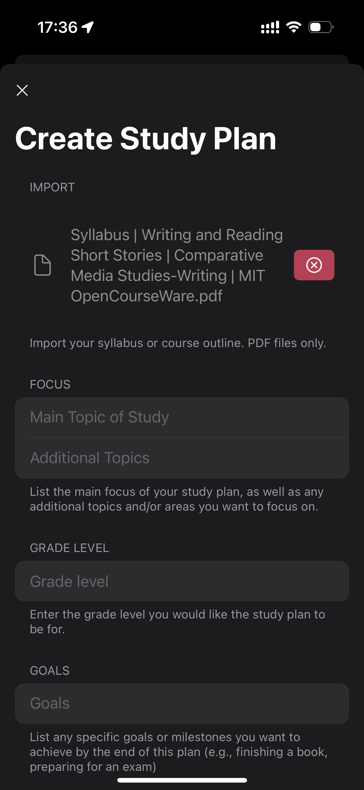 Study plan form interface
